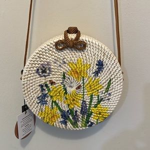 Made in Indonesia Woven Flower Purse with Genuine Leather Strap